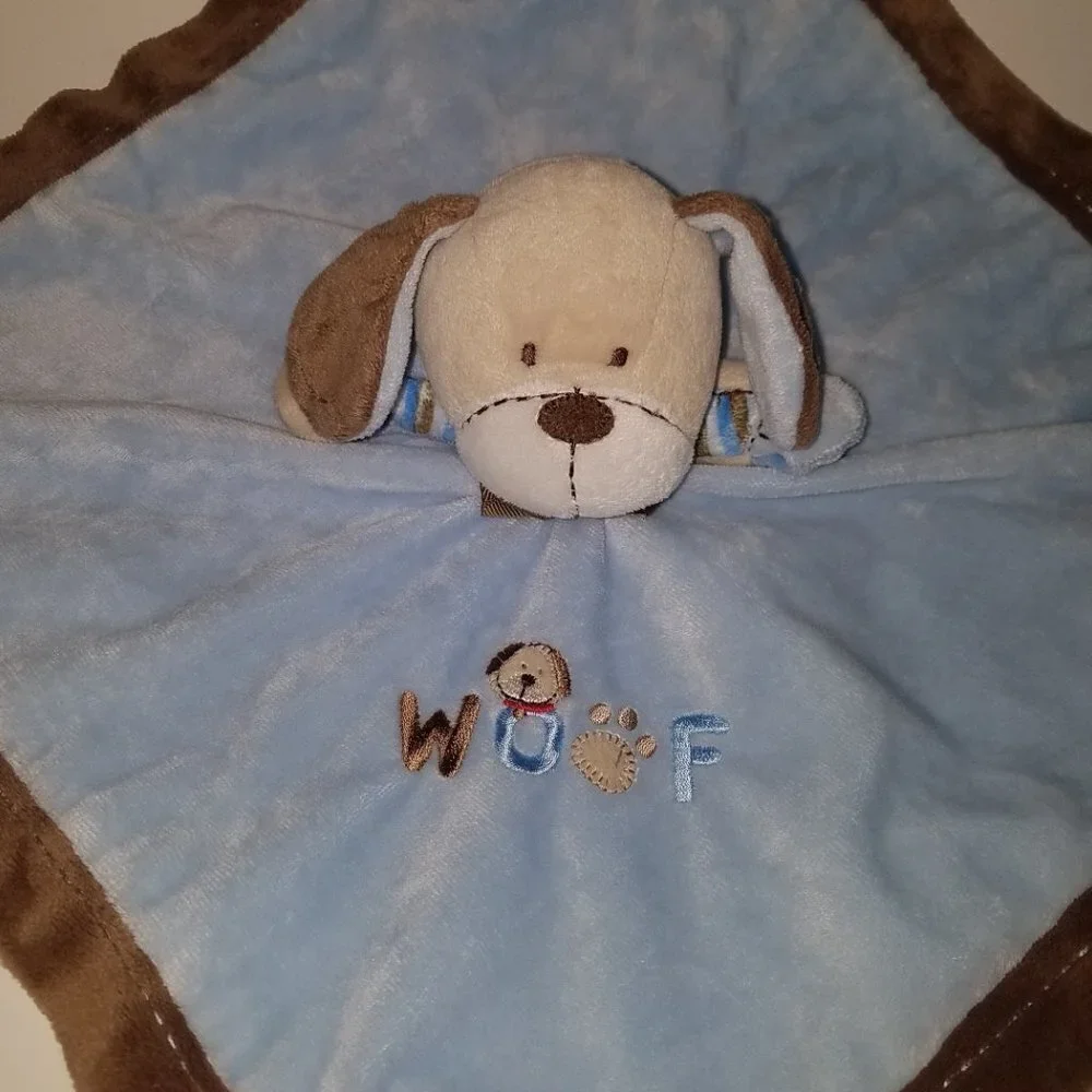 Carter's WOOF Puppy Dog Lovey Rattle Plush Blue Brown Stuffed Animal Baby Toy